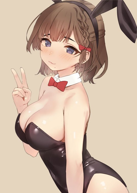 1girl, :3, alternate_costume, animal_ear_hairband, animal_ears, asahi_(kancolle), black_leotard, bow, bowtie, breasts, brown_hair, cleavage, cowboy_shot, detached_collar, fake_animal_ears, grey_eyes, hair_ribbon, hairband, kantai_collection, leotard, medium_breasts, mole, mole_under_mouth, pink_background, playboy_bunny, rabbit_ear_hairband, rabbit_ears, red_bow, red_bowtie, ribbon, sakiecho, short_hair, simple_background, solo, strapless, strapless_leotard, v