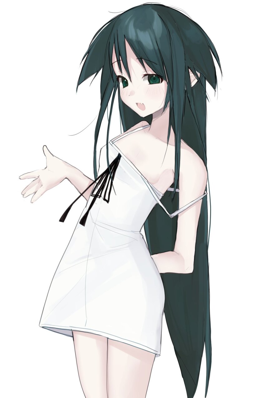 1girl, :d, bare_shoulders, black_ribbon, dizzy_(nadecola9), dress, flat_chest, green_eyes