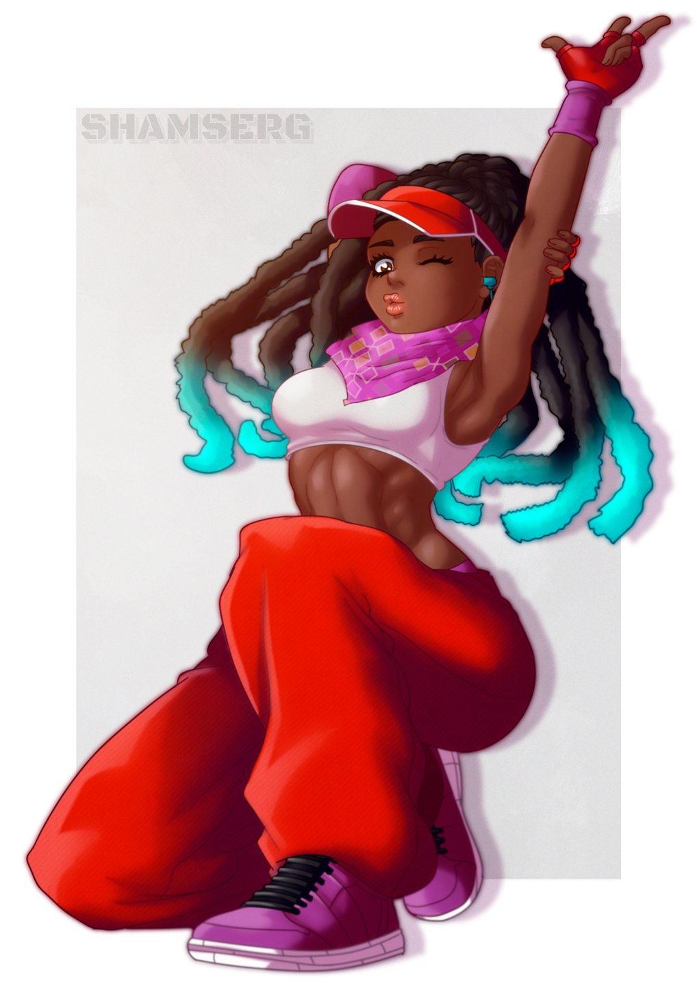 1girl, abs, alternate_costume, alternate_hairstyle, baggy_pants, brown_eyes, capcom, dark-skinned_female
