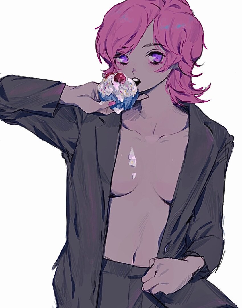 1girl, babibu_baby, black_jacket, black_pants, blazer, breasts, chinchikurin_(manga), chinchikurin_(masuda_wakako), collarbone, commentary, cowboy_shot, cupcake, eating, english_commentary, flipped_hair, food, food_on_body, food_on_breasts, fuwa_niina, hand_up, highres, holding, holding_food, icing, jacket, jacket_tug, lapels, long_sleeves, looking_at_viewer, medium_breasts, medium_hair, navel, no_bra, no_shirt, open_clothes, open_jacket, open_mouth, pants, pink_hair, pink_nails, purple_eyes, simple_background, solo, stomach, white_background