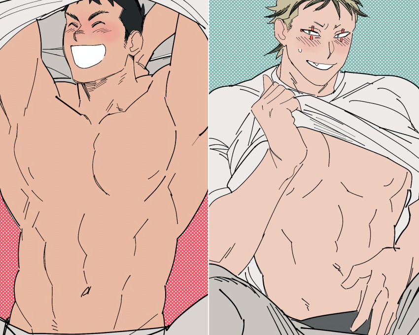 2boys, :d, ^_^, aikawa_(dorohedoro), bara, bare_pectorals, black_hair, black_male_underwear