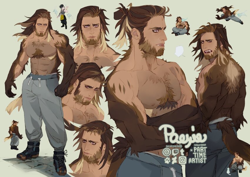1boy, abs, bara, beard, body_fur, brown_hair, chest_tuft, cropped_torso, crossed_arms, facial_hair, frown, full_beard, gradient_beard, gradient_fur, hair_bun, large_pectorals, light_brown_hair, long_hair, looking_ahead, looking_at_viewer, male_focus, mature_male, monster_boy, multicolored_hair, multiple_views, muscular, muscular_male, navel, navel_hair, nipples, original, paexie, pants, pectorals, shoes, single_hair_bun, sneakers, stomach, streaked_hair, tail, thick_eyebrows, topless_male, track_pants, very_hairy, werewolf, wolf_boy, wolf_tail
