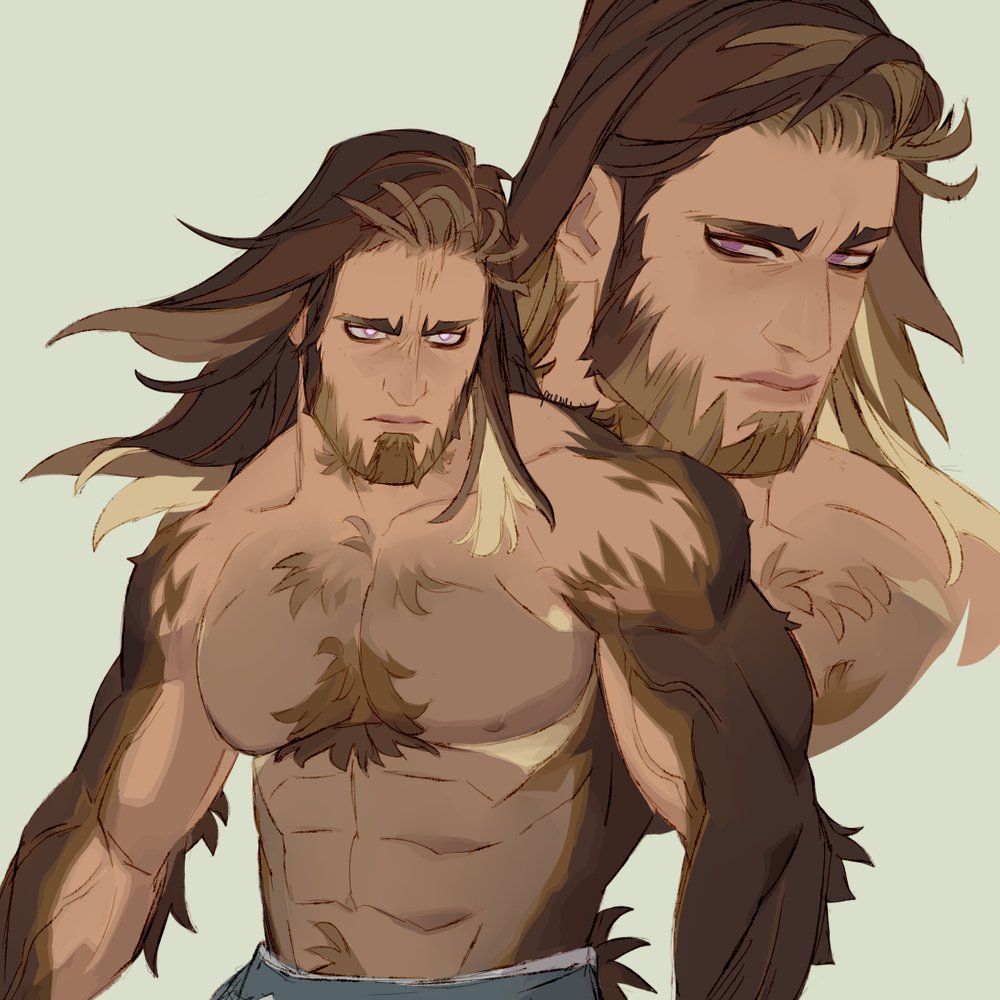 1boy, abs, bara, beard, body_fur, brown_hair, chest_tuft, facial_hair