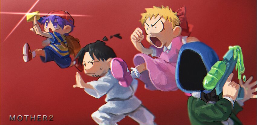 4boys, :/, :o, backpack, bag, baseball_cap, between_fingers, black_bow