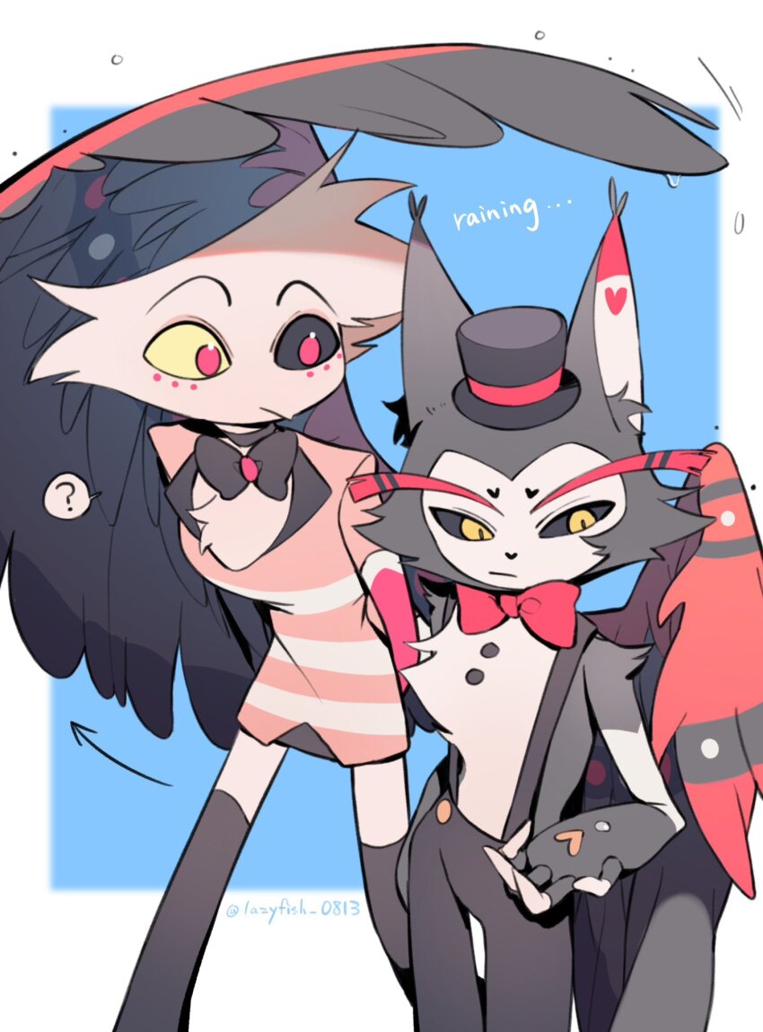 2boys, angel_dust, animal_ear_fluff, animal_nose, arms_behind_back, artist_name, black_bow, black_bowtie, black_choker, black_fur, black_gloves, black_headwear, black_pants, black_sclera, black_skirt, black_thighhighs, black_wings, blue_background, body_fur, border, bow, bowtie, choker, closed_mouth, colored_sclera, commentary, cowboy_shot, english_commentary, english_text, fingerless_gloves, furry, furry_male, gloves, hat, hazbin_hotel, heart-shaped_eyebrows, hellaverse, highres, husk_(hazbin_hotel), jacket, lazy_fish, leaning_forward, looking_at_another, looking_to_the_side, male_focus, mismatched_sclera, monster_boy, multiple_boys, outside_border, pants, pink_eyes, pink_gloves, pink_jacket, rain, red_bow, red_bowtie, red_wings, simple_background, skirt, standing, striped_clothes, striped_jacket, suspenders, thighhighs, top_hat, traditional_bowtie, twitter_username, two-tone_fur, two-tone_wings, water_drop, white_border, white_fur, wings, yellow_eyes, yellow_sclera