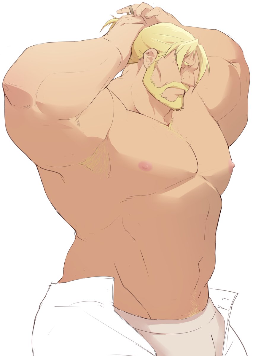 1boy, abs, bara, beard, bulge_peek, connected_beard, facial_hair, from_side, full_beard, guile, guran_(underguran), highres, huge_pectorals, male_focus, male_underwear, male_underwear_peek, mature_male, muscular, muscular_male, nipples, official_alternate_hairstyle, open_pants, pants, pectorals, profile, solo, street_fighter, street_fighter_6, thick_eyebrows, topless_male, tying_hair, underwear, unfinished, white_background, white_male_underwear