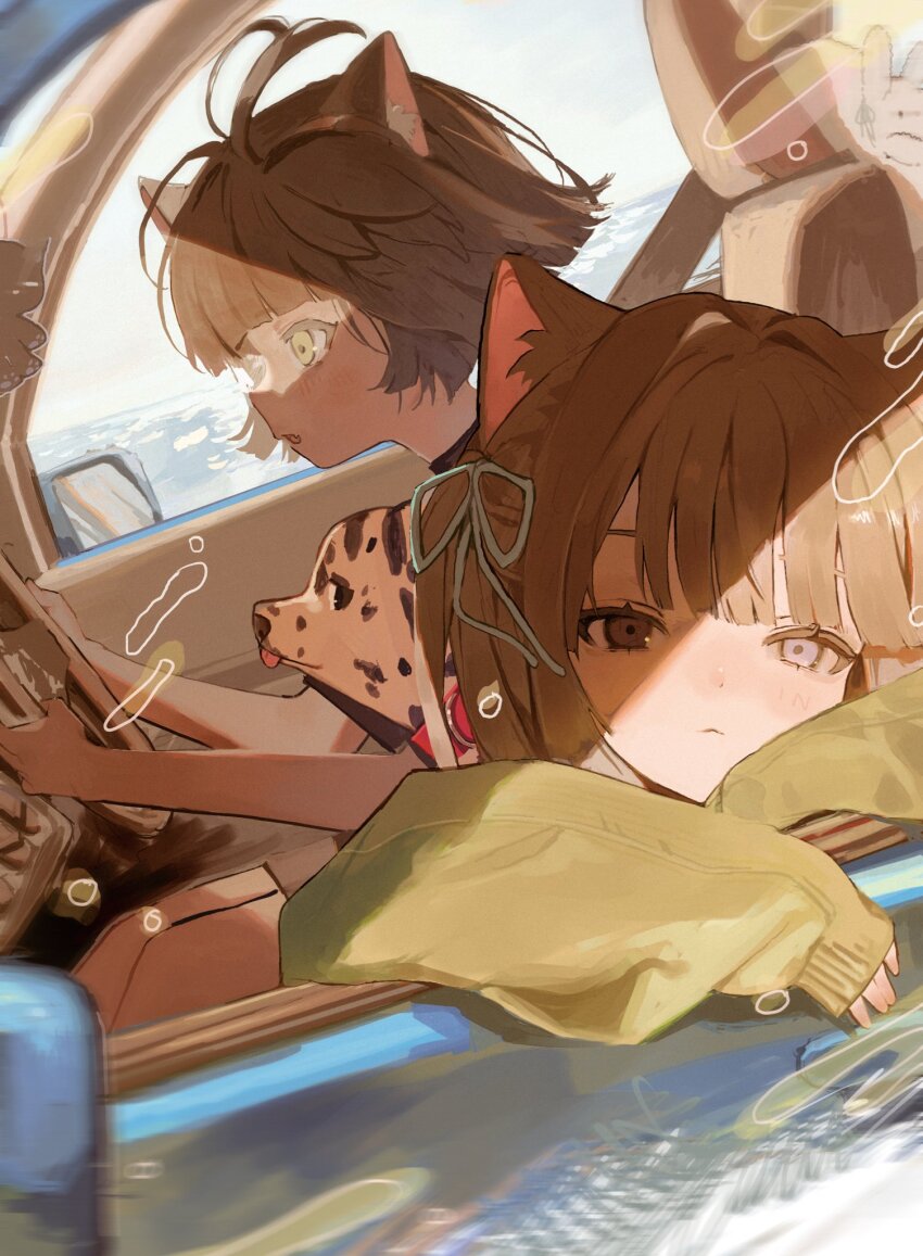 2girls, animal_ear_fluff, animal_ears, blush, bob_cut, brown_eyes, brown_hair, bubble