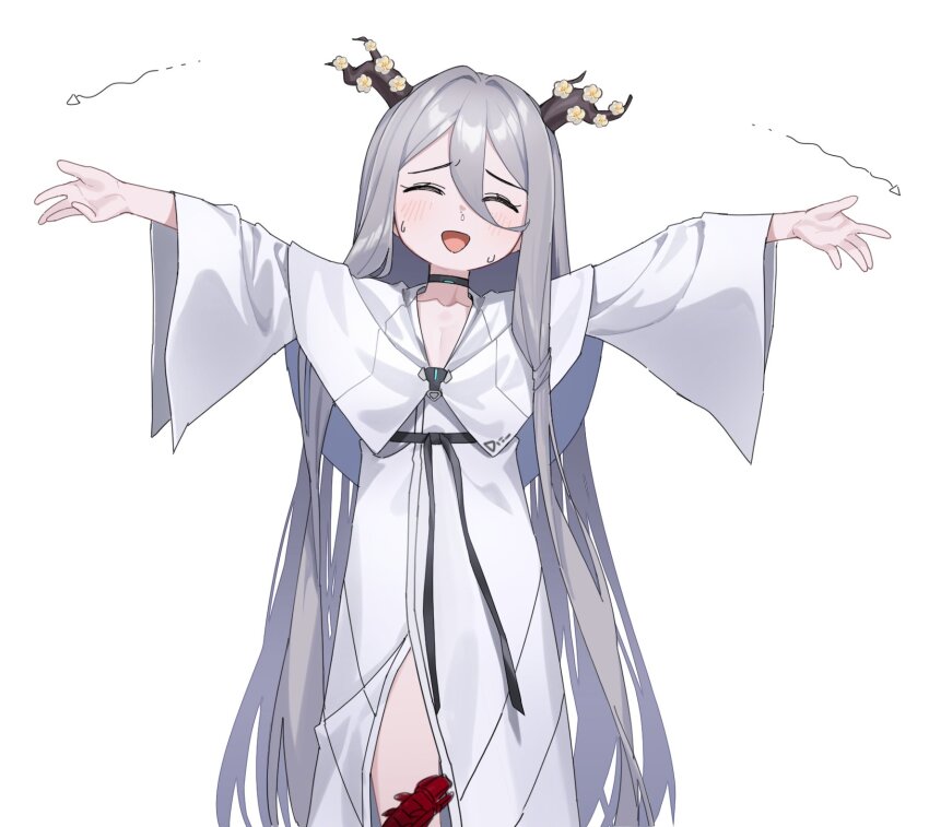 1girl, :d, \||/, ^_^, arrow_(symbol), black_choker, black_ribbon, blush