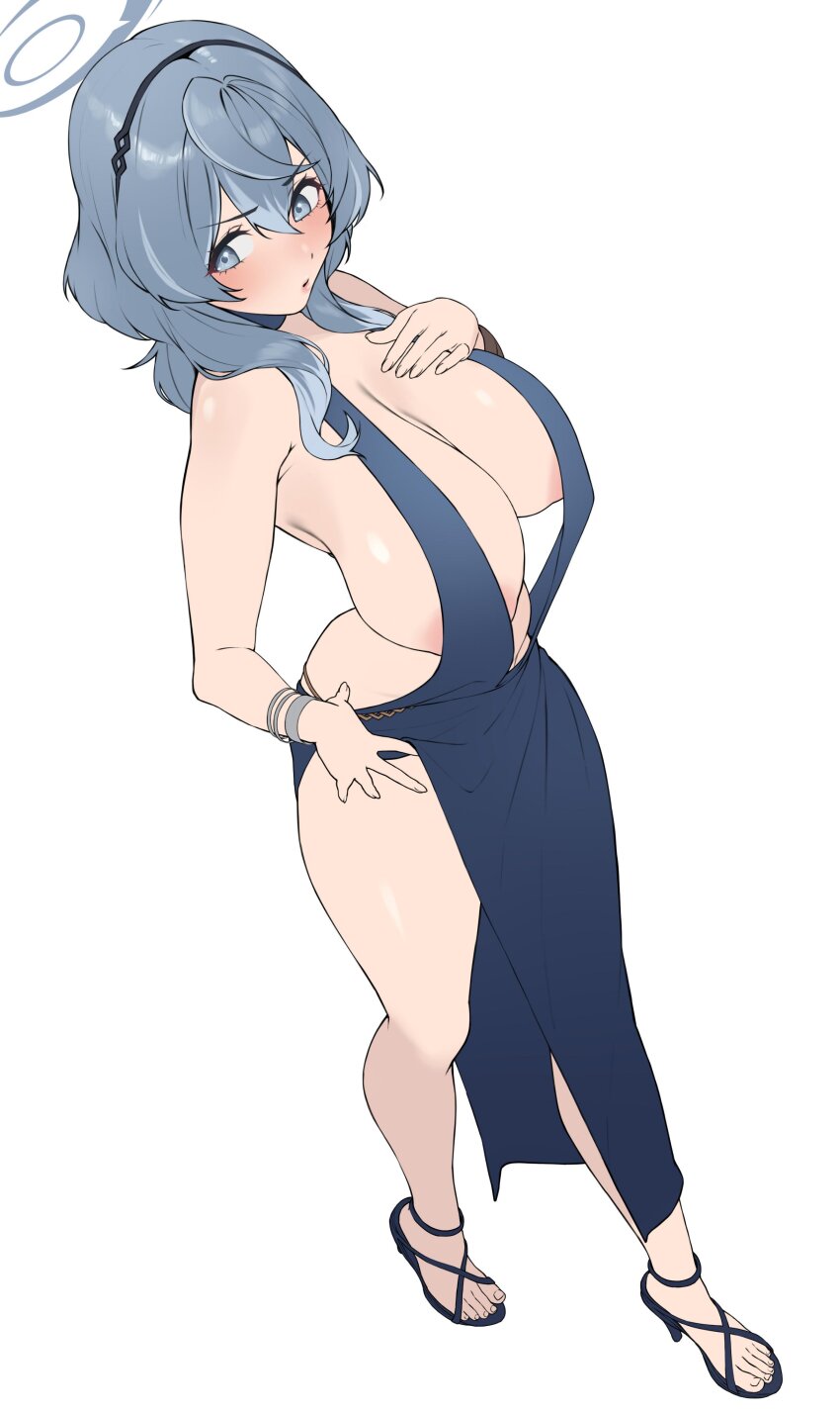 1girl, absurdres, adjusting_dress, ako_(blue_archive), ako_(dress)_(blue_archive), areola_slip, backless_dress, backless_outfit, banana_oekaki, bare_shoulders, blue_archive, blue_dress, blue_halo, breasts, cuffs, dress, full_body, grey_eyes, grey_hair, halo, handcuffs, high_heel_sandals, high_heels, highres, huge_breasts, large_areolae, large_breasts, official_alternate_costume, plunging_neckline, sandals, sideboob, sideless_dress, single_handcuff, sleeveless, sleeveless_dress, solo, standing