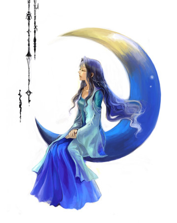 1990s_(style), 1girl, blue_hair, crescent_moon, dress, closed_eyes, female_focus, final_fantasy