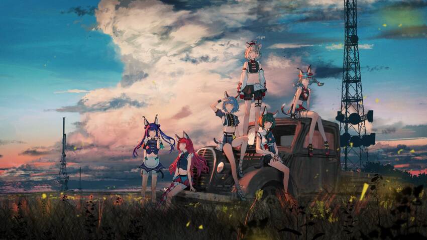 6+girls, absurdres, animal_ears, apron, argyle_clothes, argyle_pantyhose, arm_up, armpit_cutout