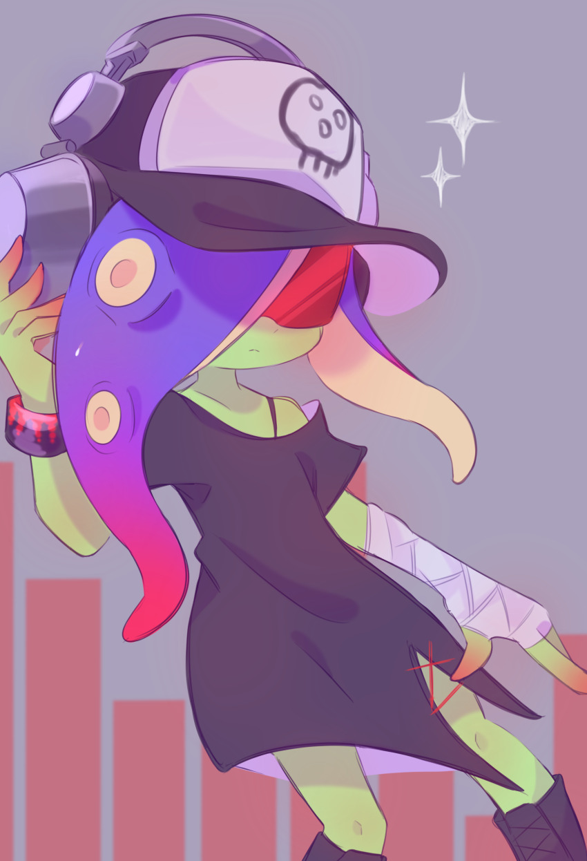 1girl, absurdres, bandaged_arm, bandages, baseball_cap, black_boots, black_dress, black_hat