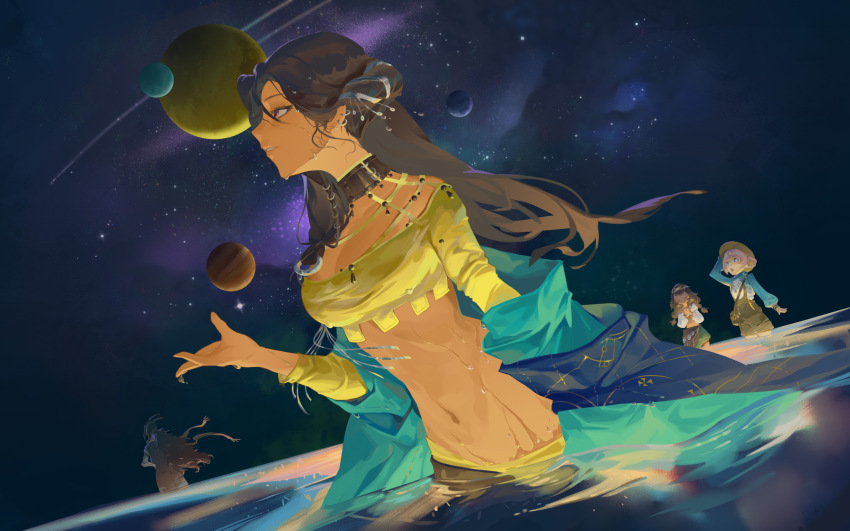 1boy, 3girls, :o, bag, black_hair, blue_coat, blue_eyes, blue_sleeves