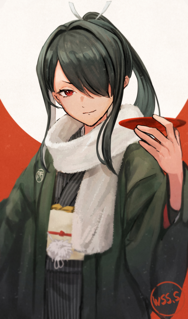 1girl, artist_logo, artist_name, black_hair, cowboy_shot, cup, grey_kimono, hair_over_one_eye