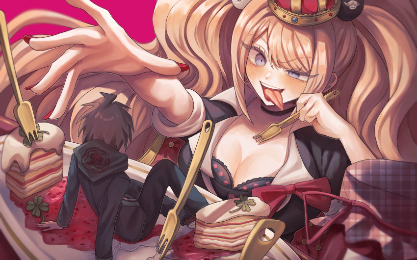 1boy, 1girl, :p, absurdres, ahoge, bear_hair_ornament, black_choker, black_jacket, black_shirt, blue_eyes, blush, breasts, brown_hair, cake, choker, cleavage, collarbone, crown, danganronpa:_trigger_happy_havoc, danganronpa_(series), enoshima_junko, food, fork, hair_ornament, half-closed_eye, hands_up, highres, hood, hood_down, jacket, large_breasts, mini_person, miniboy, naegi_makoto, nailu, pink_background, plate, red_nails, ribbon, shirt, teeth, tongue, tongue_out, twintails, upper_teeth_only