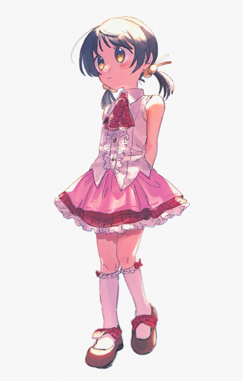 1girl, armpit_crease, arms_behind_back, ascot, bare_shoulders, black_hair, blush, brown_shoes