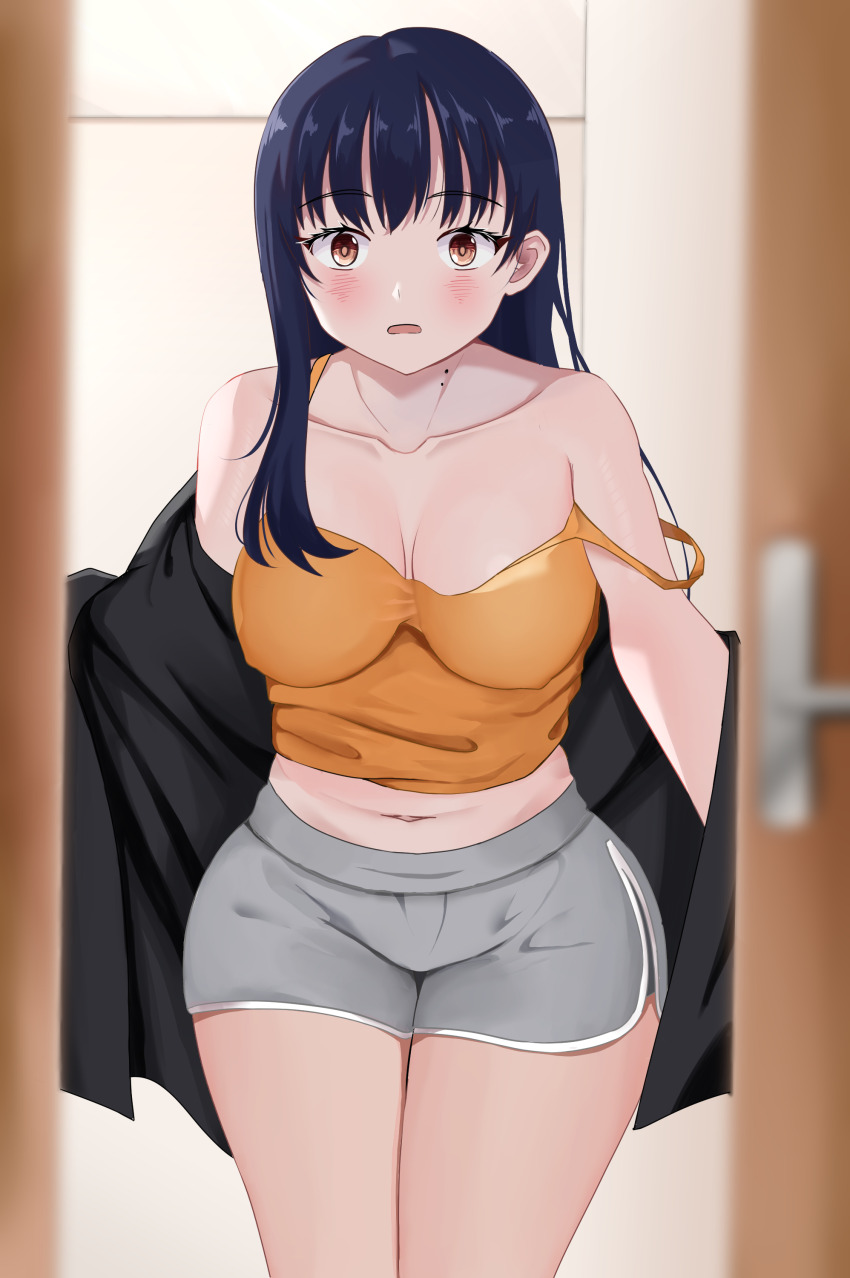 1girl, absurdres, bare_shoulders, black_jacket, blue_hair, blush, boku_no_kokoro_no_yabai_yatsu, breasts, breasts_apart, brown_eyes, collarbone, commentary, commentary_request, dark_blue_hair, doorway, english_commentary, fiftya, grey_shorts, highres, jacket, large_breasts, long_hair, looking_at_viewer, mixed-language_commentary, mole, mole_on_neck, multiple_moles, navel, no_bra, open_clothes, open_door, open_jacket, open_mouth, paid_reward_available, pov_doorway, shirt, shorts, solo, spaghetti_strap, standing, strap_slip, thighs, yamada_anna, yellow_shirt