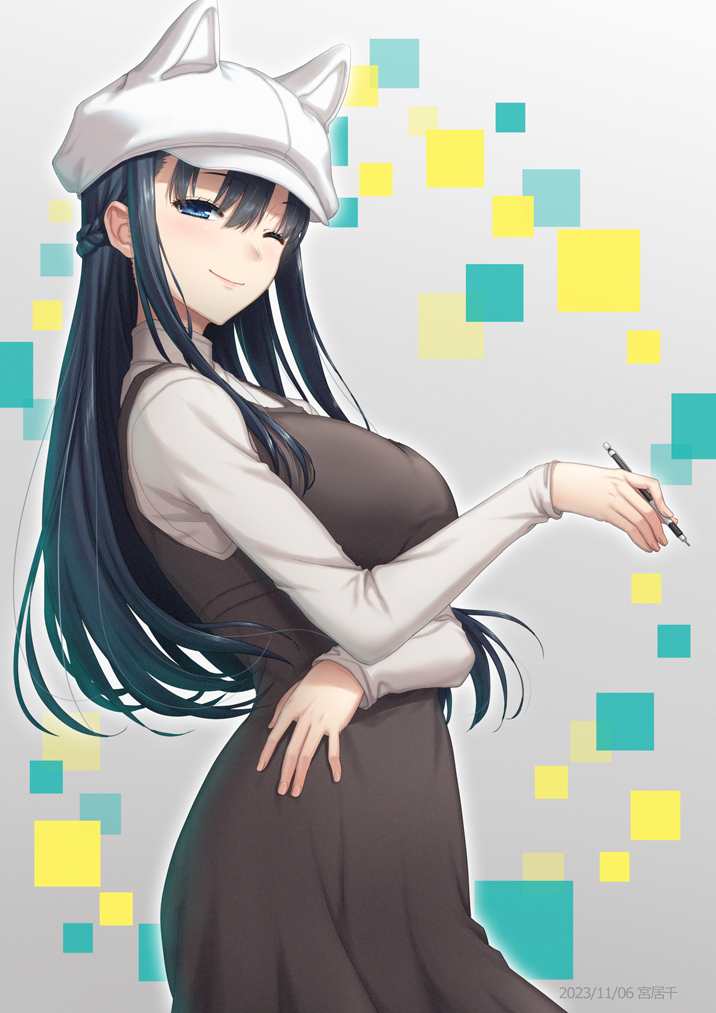 16bit_sensation, 1girl, animal_hat, arms_under_breasts, black_hair, breasts, brown_dress, cat_hat