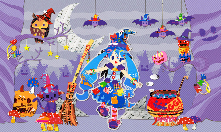 1girl, bat_(animal), bird, blue_hair, bracelet, broom, cat, cauldron, crescent_moon, dress, female_focus, halloween, hat, hatsune_miku, jack-o'-lantern, jewelry, kikuchi_milo, long_hair, moon, mushroom, owl, pantyhose, pink_pantyhose, pumpkin, solo, striped_clothes, striped_pantyhose, tree, twintails, very_long_hair, vocaloid, witch, witch_hat