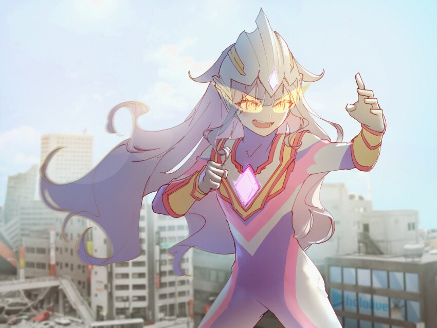 1girl, absurdres, blunt_bangs, bodysuit, building, chest_jewel, city, color_timer