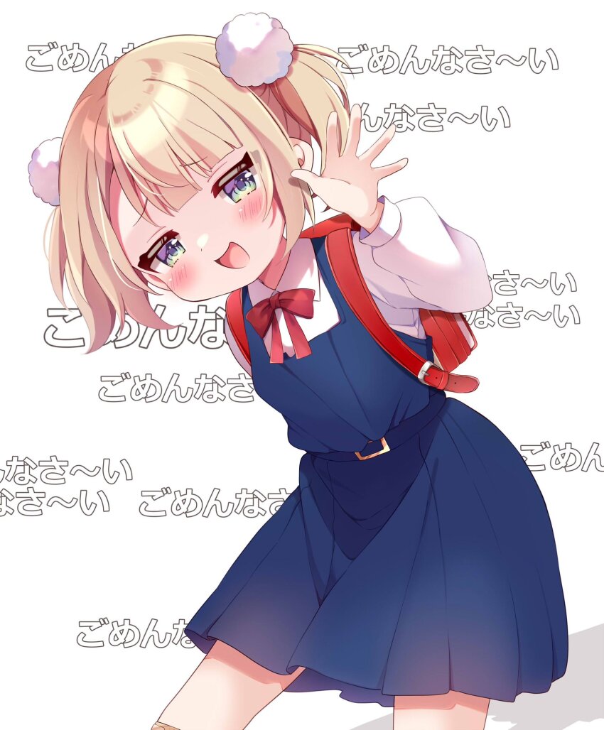 1girl, aged_down, arm_behind_back, arm_up, backpack, bag, belt, blonde_hair, blue_dress, blue_eyes, blush, bow, bowtie, dress, hair_ornament, highres, indie_virtual_youtuber, kiyokura_meru, leaning_forward, looking_at_viewer, open_mouth, pinafore_dress, pleated_dress, pom_pom_(clothes), pom_pom_hair_ornament, randoseru, red_bow, red_bowtie, school_uniform, shigure_ui_(vtuber), shigure_ui_(young)_(vtuber), shirt, short_hair, shukusei!!_loli-kami_requiem, sleeveless, sleeveless_dress, smile, solo, translation_request, twintails, virtual_youtuber, waving, white_shirt