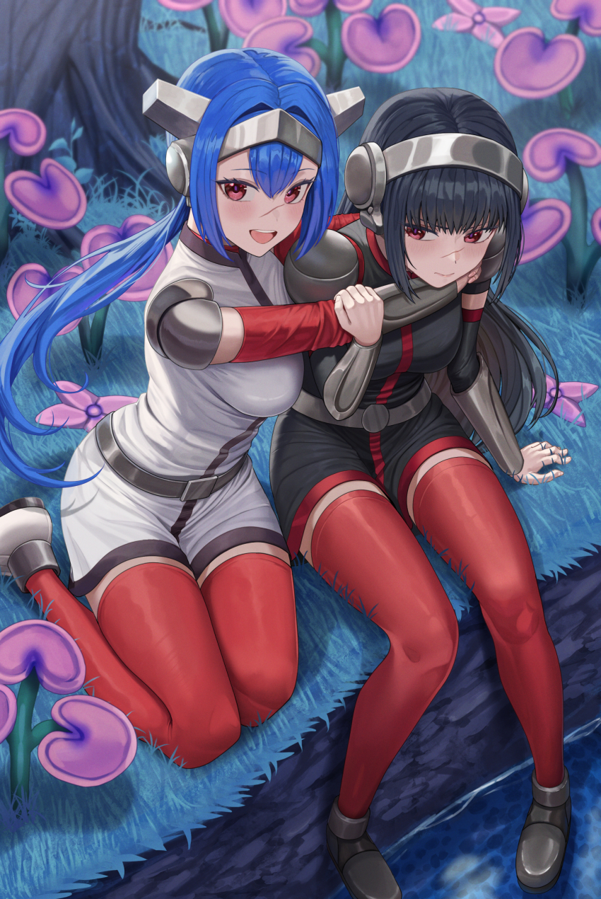 2girls, :d, armor, black_hair, blue_hair, crosscode, detached_sleeves, grass