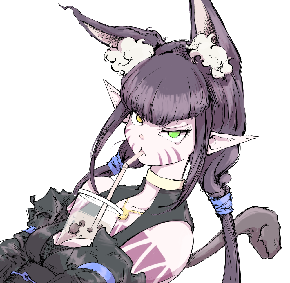 animal_ears, animal_nose, body_markings, brown_hair, bubble_tea, bubble_tea_challenge, cat_ears, chimera_(ragna_crimson), detached_sleeves, drinking_straw, drinking_straw_in_mouth, ebitama_(ebitamamix), facial_mark, frown, gold_necklace, green_eyes, hair_tie, heterochromia, jewelry, looking_at_viewer, low_twintails, necklace, obi, pointy_ears, ragna_crimson, sash, sidelocks, snake_head_tail, tail, twintails, upper_body, white_background, yellow_eyes