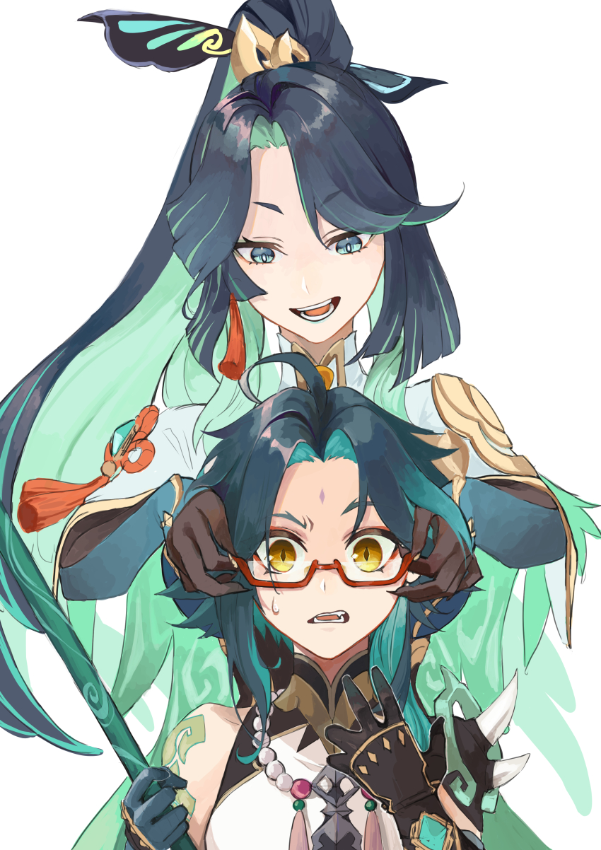 1boy, 1girl, absurdres, ahoge, aqua_eyes, aqua_lips, bead_necklace, beads, black_hair, chikushi_azu, chinese_hairpin, cloud_retainer_(genshin_impact), colored_inner_hair, earrings, facial_mark, forehead_mark, genshin_impact, glasses, gloves, green_hair, hair_ornament, height_difference, highres, jewelry, long_hair, multicolored_hair, necklace, red-framed_eyewear, semi-rimless_eyewear, tassel, tassel_earrings, tassel_hair_ornament, two-tone_hair, very_long_hair, xianyun_(genshin_impact), xiao_(genshin_impact), yellow_eyes