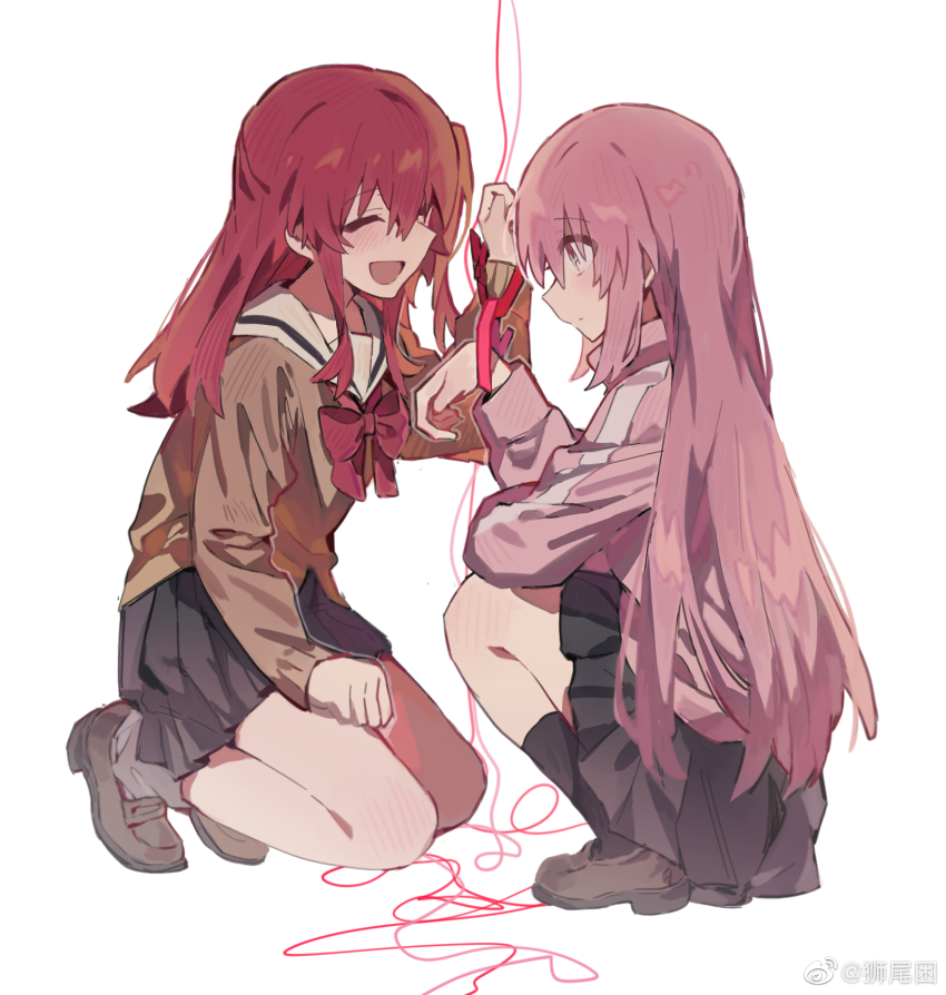 2girls, ^_^, ankle_socks, arm_on_knee, black_skirt, black_socks, blue_eyes, blush