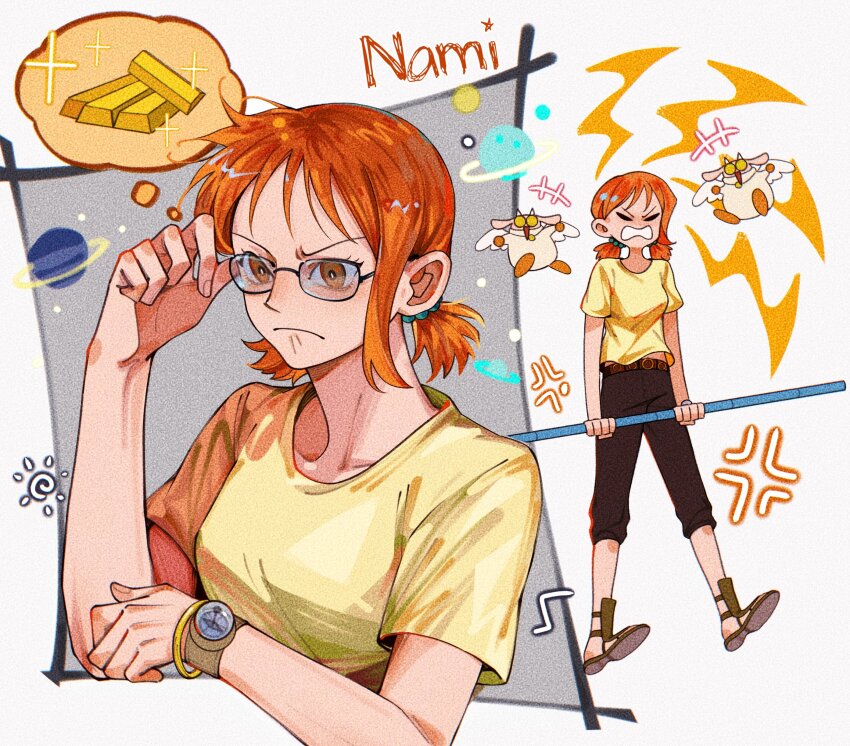 1girl, absurdres, annoyed, bespectacled, blush, bracelet, character_name, clima-tact, glasses, gold, highres, jewelry, jo_jun, log_pose, nami_(one_piece), nami_(one_piece)_(skypiea), one_piece, orange_eyes, orange_hair, shirt, solo, twintails, yellow_shirt