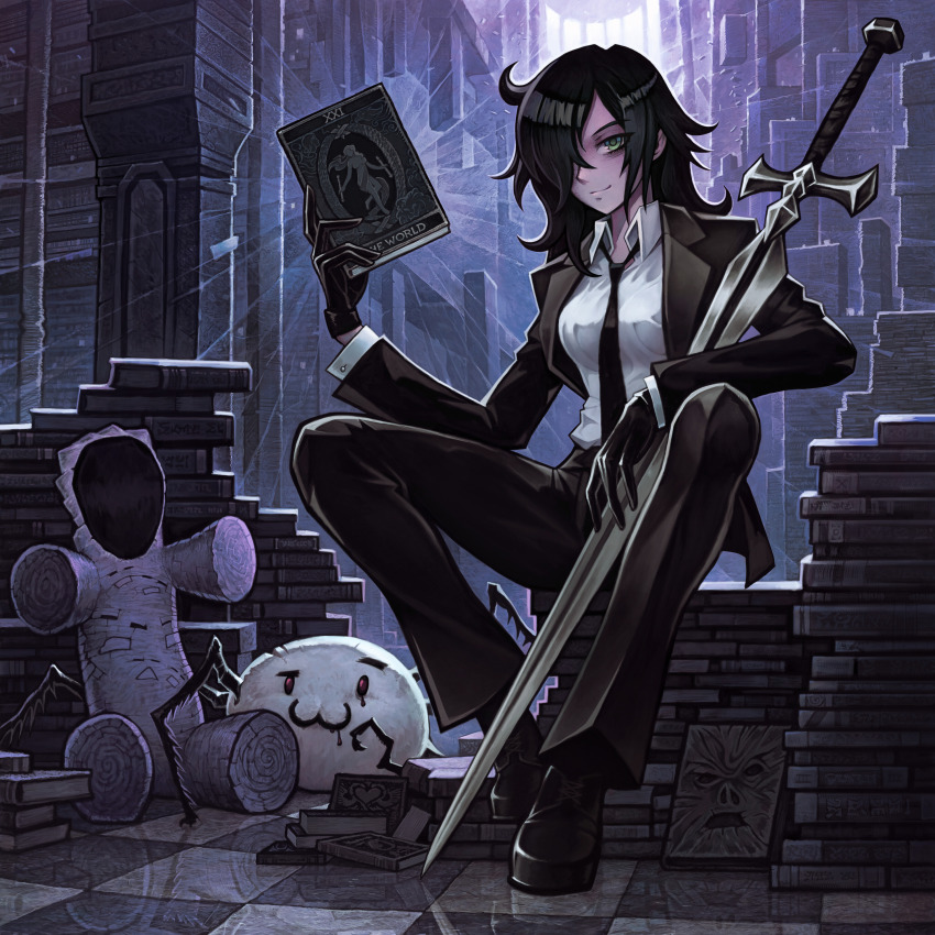 1girl, :3, absurdres, black_gloves, black_mask, black_necktie, black_pants, black_shoes, book, breasts, bug, closed_mouth, collared_shirt, column, commentary, commission, cosplay, crossover, english_commentary, gloves, hair_over_one_eye, highres, indoors, kuroki_tomoko, library, library_of_ruina, looking_at_viewer, medium_breasts, necktie, pants, pile_of_books, pillar, project_moon, reflective_floor, roland_(project_moon), roland_(project_moon)_(cosplay), shirt, shoes, sitting, smile, solo, soulless_sketch, spider, sword, tarot, the_world_(tarot), tile_floor, tiles, watashi_ga_motenai_no_wa_dou_kangaetemo_omaera_ga_warui!, weapon, white_shirt