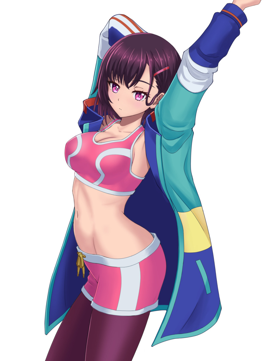 1girl, arms_up, breasts, cleavage, hair_ornament, hairclip, highres, jacket, kyouji44288608, large_breasts, leggings, leggings_under_shorts, mikazuki_shizuka, multicolored_jacket, navel, pink_shorts, pink_sports_bra, purple_eyes, purple_hair, purple_leggings, short_hair, shorts, simple_background, solo, sports_bra, sportswear, stretching, white_background, zom_100:_zombie_ni_naru_made_ni_shitai_100_no_koto