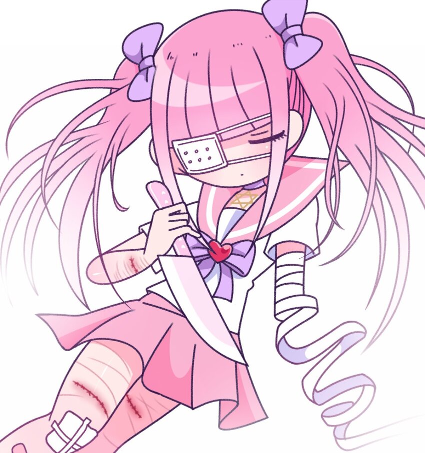 1girl, bandaged_arm, bandages, bandaid, bandaid_on_leg, blunt_bangs, bow, bowtie