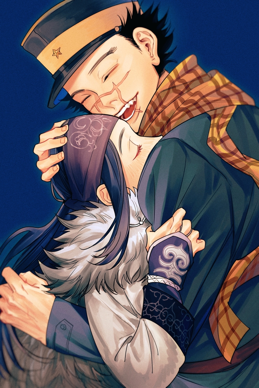 1boy, 1girl, absurdres, ainu, ainu_clothes, asirpa, black_hair, blue_background