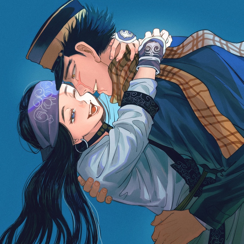 1boy, 1girl, ;d, ainu, ainu_clothes, asirpa, black_hair, blue_background