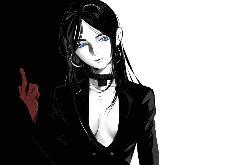 1girl, ainu, alternate_costume, arm_at_side, asirpa, blazer, blending, blue_eyes, breasts, choker, closed_mouth, contemporary, earrings, golden_kamuy, hand_up, highres, hoop_earrings, jacket, jewelry, long_hair, long_sleeves, looking_at_viewer, medium_breasts, middle_finger, parted_bangs, partially_colored, solo, songyeerhu, two-tone_background, upper_body