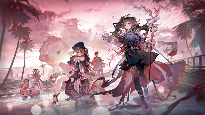 2boys, 3girls, animal_ears, arknights, artist_request, bison_(arknights), bison_(summer)_(arknights), black_hair