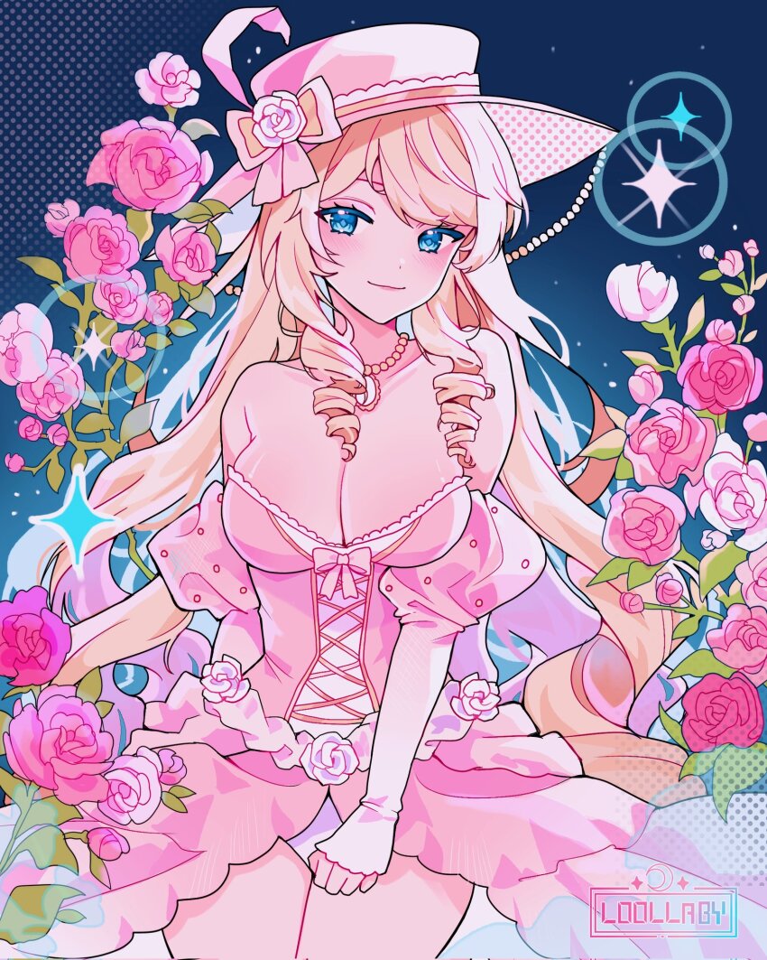 1girl, alternate_costume, bare_shoulders, blonde_hair, blue_eyes, blush, breasts, cleavage, commentary, cowboy_shot, dress, drill_hair, drill_sidelocks, flower, genshin_impact, highres, jewelry, juliet_sleeves, l00llaby, large_breasts, long_hair, long_sleeves, looking_at_viewer, navia_(genshin_impact), necklace, off-shoulder_dress, off_shoulder, panties, pink_dress, pink_flower, pink_headwear, pink_rose, puffy_sleeves, rose, sidelocks, smile, solo, standing, underwear, very_long_hair, white_panties