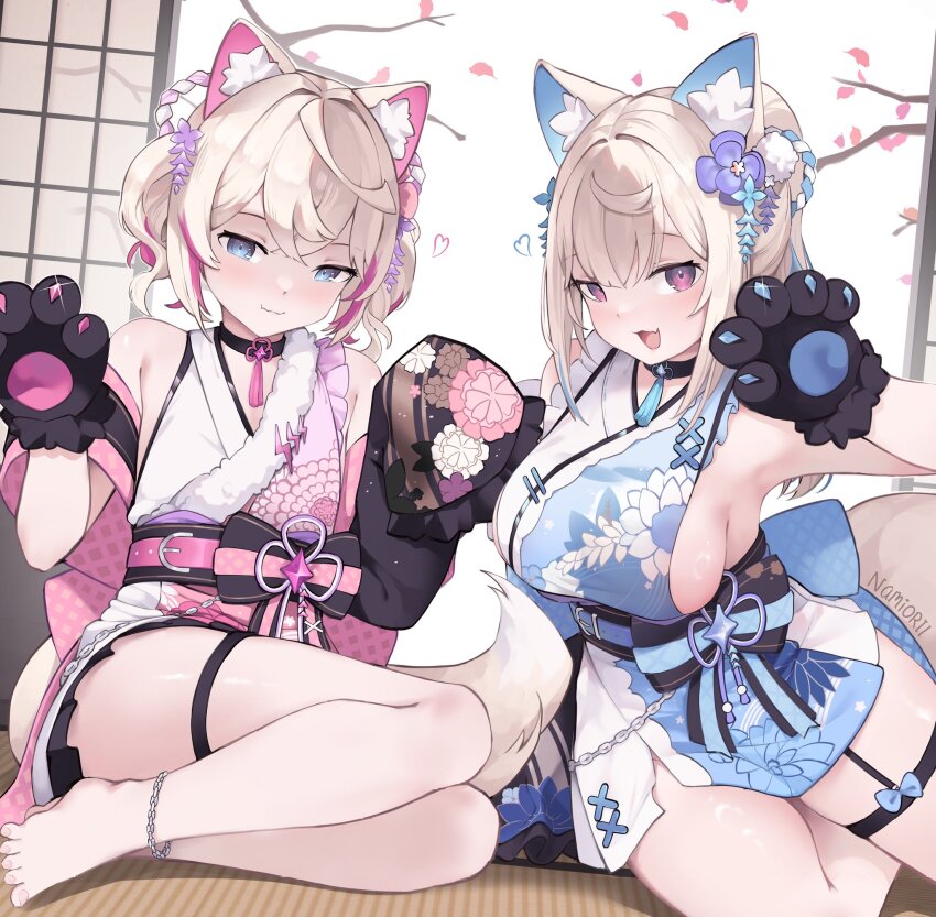 2girls, :d, animal_ear_fluff, animal_ears, animal_hands, anklet, architecture, armpits, artist_name, back_bow, bare_shoulders, barefoot, belt, black_choker, black_kimono, blue_belt, blue_eyes, blue_kimono, blue_sash, blush, bow, breasts, choker, closed_mouth, commentary, crossed_bangs, detached_sleeves, dog_ears, dog_girl, double-parted_bangs, east_asian_architecture, english_commentary, fang, fang_out, feet, flat_chest, floral_print, floral_print_kimono, flower, frilled_kimono, frills, fur-trimmed_kimono, fur_trim, fuwawa_abyssgard, fuwawa_abyssgard_(new_year), glint, gloves, hair_between_eyes, hair_bow, hair_flower, hair_ornament, hand_up, highres, hololive, hololive_english, indoors, japanese_clothes, jewelry, kanzashi, kimono, kouhaku_nawa, large_breasts, light_brown_hair, long_hair, looking_at_viewer, mococo_abyssgard, mococo_abyssgard_(new_year), multicolored_hair, multicolored_kimono, multiple_girls, namiorii, neck_tassel, obi, official_alternate_costume, official_alternate_hairstyle, open_mouth, paw_gloves, paw_pose, pink_eyes, pink_hair, pink_kimono, pink_sash, pink_shawl, pom_pom_(clothes), pom_pom_hair_ornament, ponytail, print_kimono, rope, sash, seductive_smile, shawl, shimenawa, short_hair, short_kimono, shouji, siblings, sideboob, sideless_kimono, sidelocks, sideways_glance, signature, single_detached_sleeve, sisters, sitting, skin_fang, sleeveless, sleeveless_kimono, sleeves_past_fingers, sleeves_past_wrists, sliding_doors, smile, streaked_hair, tassel, tatami, thigh_strap, toenails, twins, twintails, virtual_youtuber, w_arms, wavy_hair, white_kimono, yokozuwari