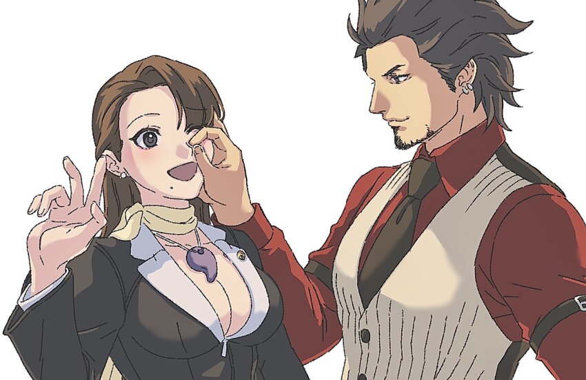 1boy, 1girl, ace_attorney, beard, black_eyes, black_jacket, black_necktie, breasts