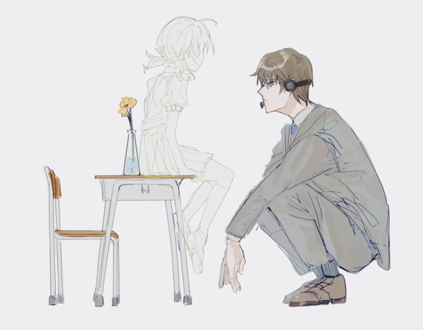 1boy, 1girl, blue_necktie, brown_footwear, brown_hair, chair, closed_mouth, desk