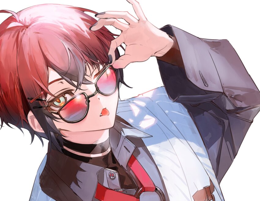 1boy, adjusting_eyewear, ahoge, bishounen, black_choker, black_hair, black_nails, choker