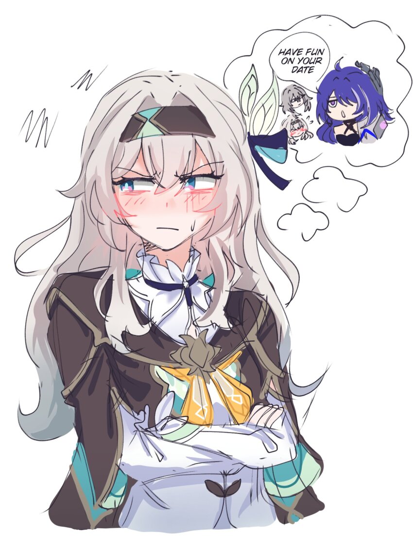 3girls, :o, acheron_(honkai:_star_rail), ahoge, akashicelegy, blush, closed_mouth, commentary, crossed_arms, embarrassed, english_commentary, english_text, firefly_(honkai:_star_rail), hair_over_one_eye, highres, honkai:_star_rail, honkai_(series), implied_yuri, long_hair, multicolored_hair, multiple_girls, open_mouth, purple_hair, simple_background, sketch, solo_focus, stelle_(honkai:_star_rail), streaked_hair, trailblazer_(honkai:_star_rail), v-shaped_eyebrows, white_background, white_sleeves