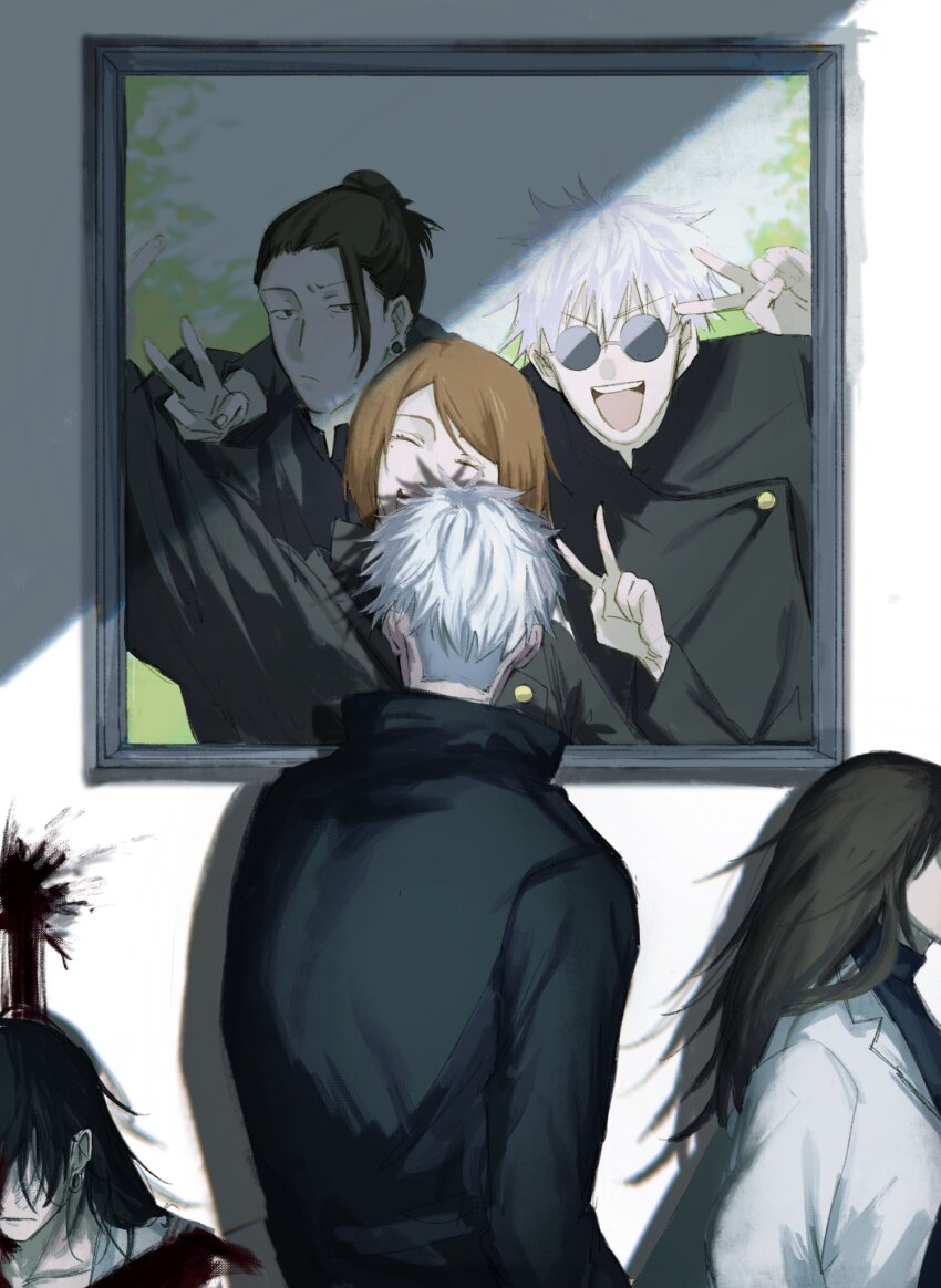 1girl, 2boys, :d, ^_^, black_hair, black_jacket, black_shirt, blood, blood_splatter, brown_hair, closed_eyes, ear_piercing, from_behind, geto_suguru, gojo_satoru, ha_kkoo, hair_bun, hair_pulled_back, hand_up, highres, ieiri_shoko, jacket, jujutsu_kaisen, jujutsu_tech_uniform, long_hair, multiple_boys, open_mouth, piercing, portrait_(object), round_eyewear, school_uniform, shirt, short_hair, smile, sunglasses, turtleneck, upper_body, v, white_hair, white_jacket