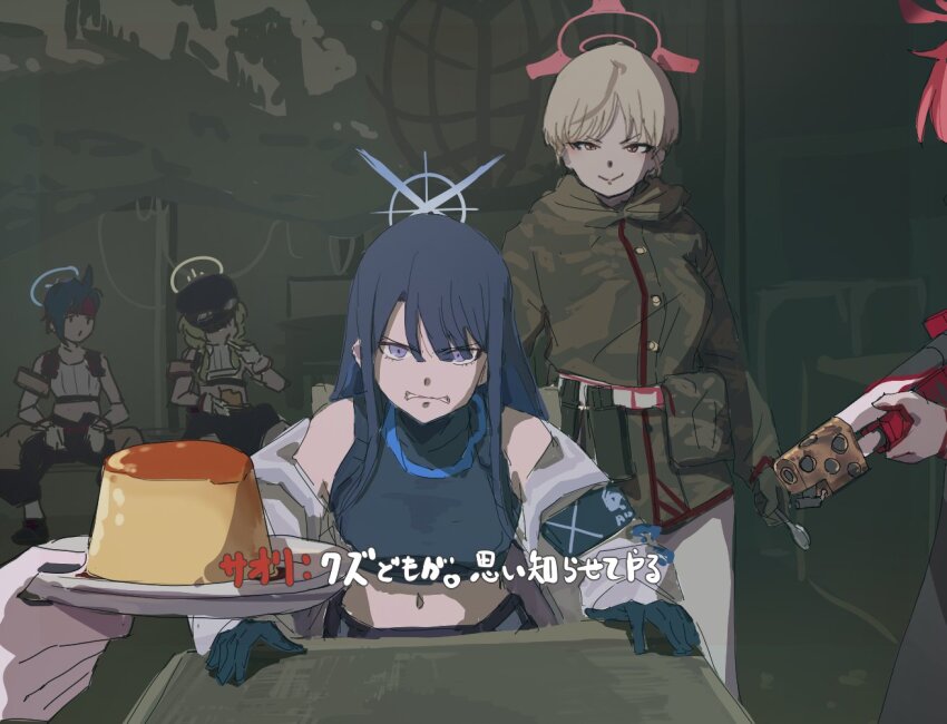 5girls, angry, armband, at_gunpoint, belt, belt_pouch, black_armband, blonde_hair, blue_archive, blue_eyes, blue_hair, call_of_duty, call_of_duty:_black_ops, camouflage, camouflage_jacket, clenched_teeth, clich51368861, flamethrower, food, green_jacket, holding, holding_spoon, hood, hood_down, hooded_jacket, hot_springs_department_member_(blue_archive), hot_springs_department_member_(gl)_(blue_archive), hot_springs_department_member_(sg)_(blue_archive), jacket, looking_at_viewer, marina_(blue_archive), megu_(blue_archive), midriff, multiple_girls, navel, out_of_frame, pants, parody, pouch, pov, pudding, red_trim, saori_(blue_archive), scene_reference, sketch, smile, spoon, stomach, subtitled, teeth, translation_request, v-shaped_eyebrows, weapon, white_jacket, white_pants