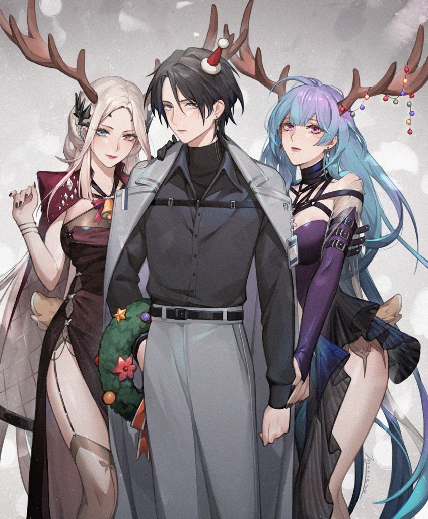 1boy, 2girls, ahoge, animal_print, arm_belt, bare_legs, bare_shoulders, bell