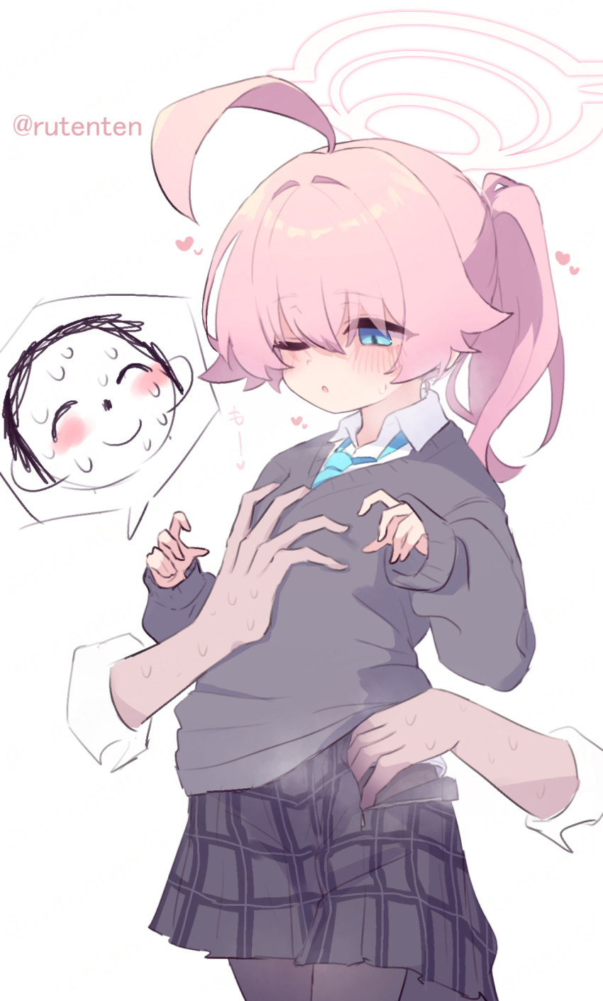 1boy, 1girl, :o, ;o, ahoge, arms_up, artist_name, black_pantyhose