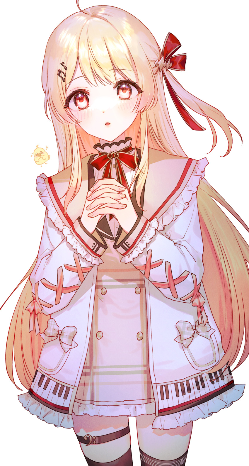 1girl, absurdres, ahoge, baby_animal, bird, blonde_hair, bow, brown_thighhighs