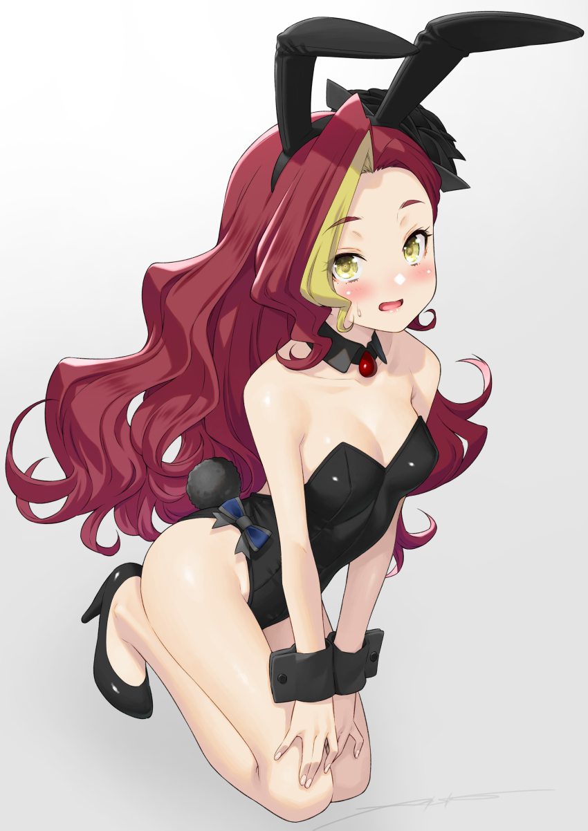 1girl, absurdres, animal_ears, bare_legs, bare_shoulders, black_leotard, black_shoes, blonde_hair, breasts, cleavage, commentary_request, empress_undergu, fake_animal_ears, fake_tail, fingernails, full_body, gradient_background, grey_background, highres, hirogaru_sky!_precure, kazuma_muramasa, kneeling, leotard, long_hair, looking_at_viewer, medium_breasts, multicolored_hair, open_mouth, playboy_bunny, precure, rabbit_ears, rabbit_tail, red_hair, shoes, small_breasts, solo, strapless, strapless_leotard, streaked_hair, tail, thighs, yellow_eyes