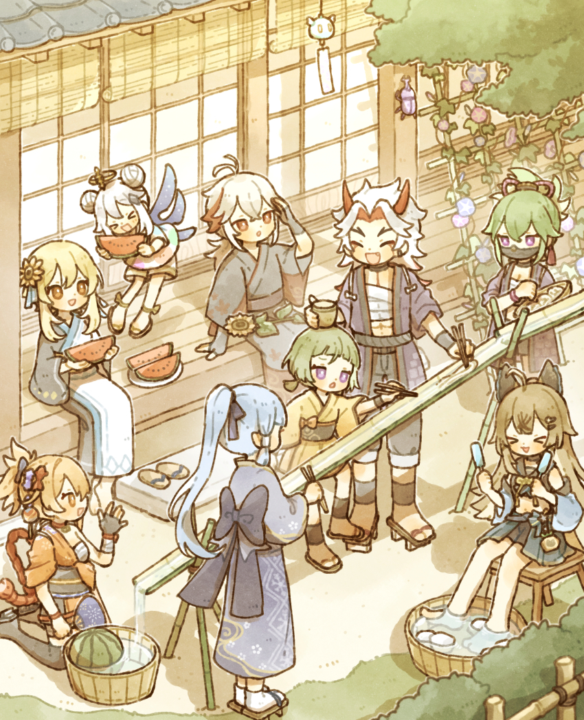 >_<, 2boys, 6+girls, :d, :o, ^_^, ahoge, antenna_hair